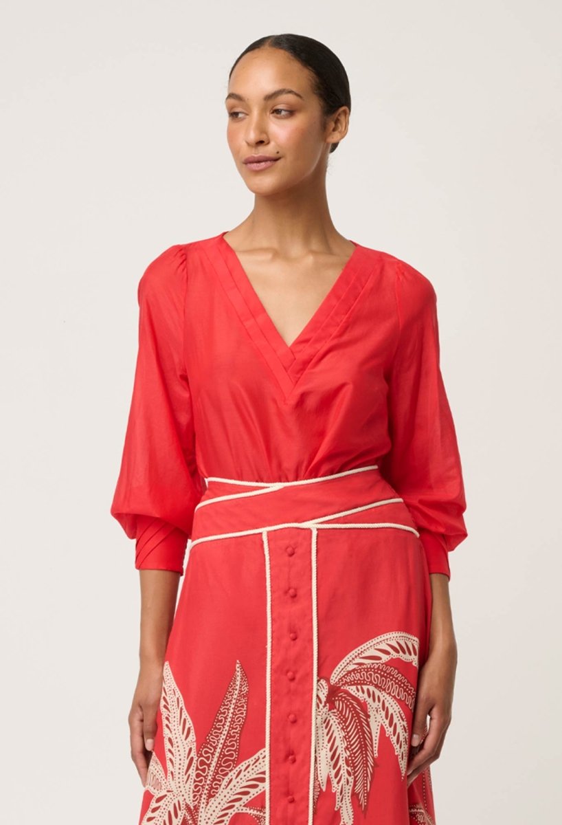 Calissa Cotton Silk V-Neck Blouse in Crimson Once Was