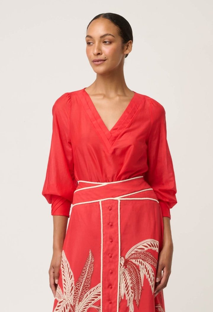 Calissa Cotton Silk V-Neck Blouse in Crimson Once Was