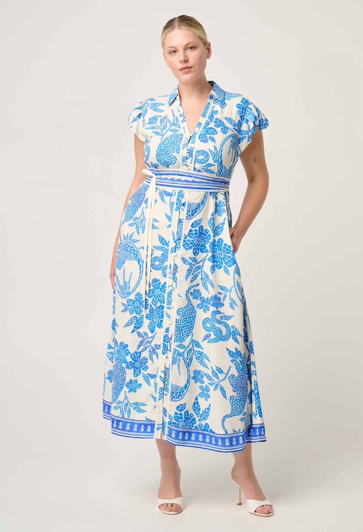 Callista Viscose Dobby Petal Sleeve Dress in Azure Mosaic dress Once Was
