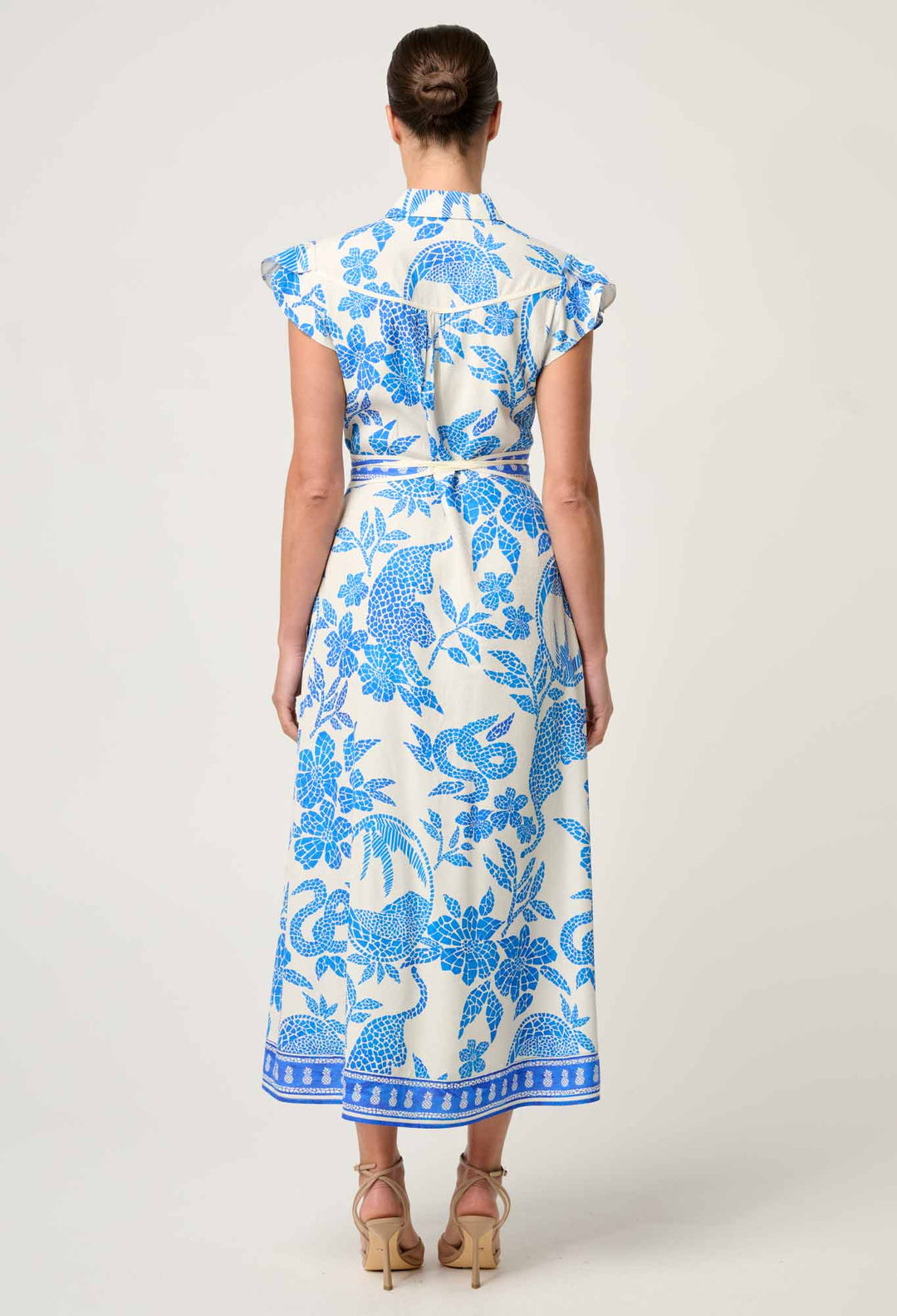 Callista Viscose Dobby Petal Sleeve Dress in Azure Mosaic dress Once Was