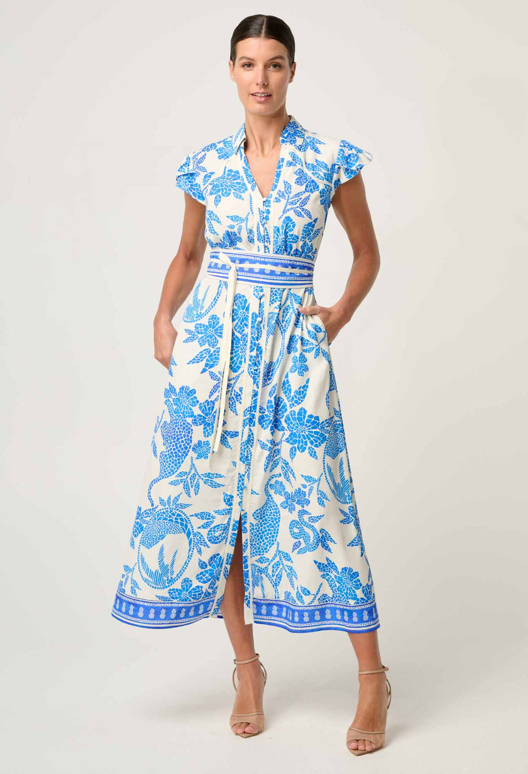 Callista Viscose Dobby Petal Sleeve Dress in Azure Mosaic dress Once Was