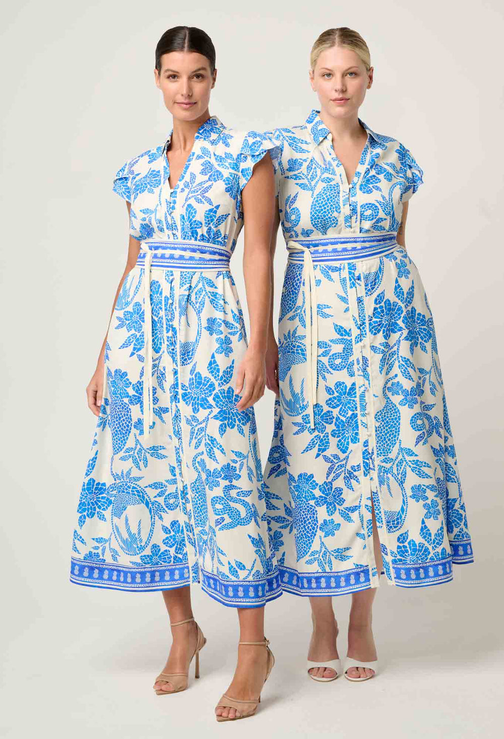 Callista Viscose Dobby Petal Sleeve Dress in Azure Mosaic dress Once Was