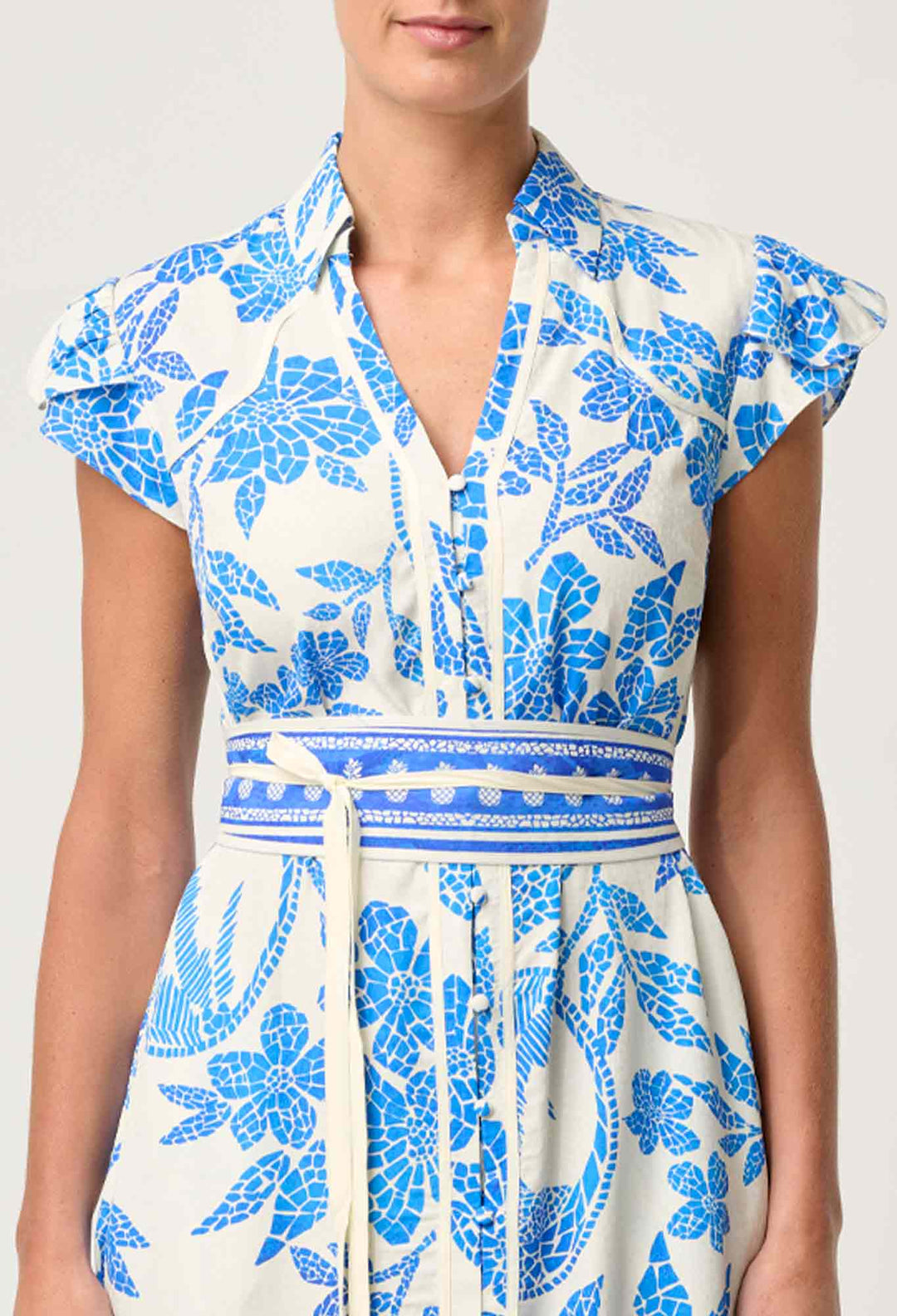 Callista Viscose Dobby Petal Sleeve Dress in Azure Mosaic dress Once Was