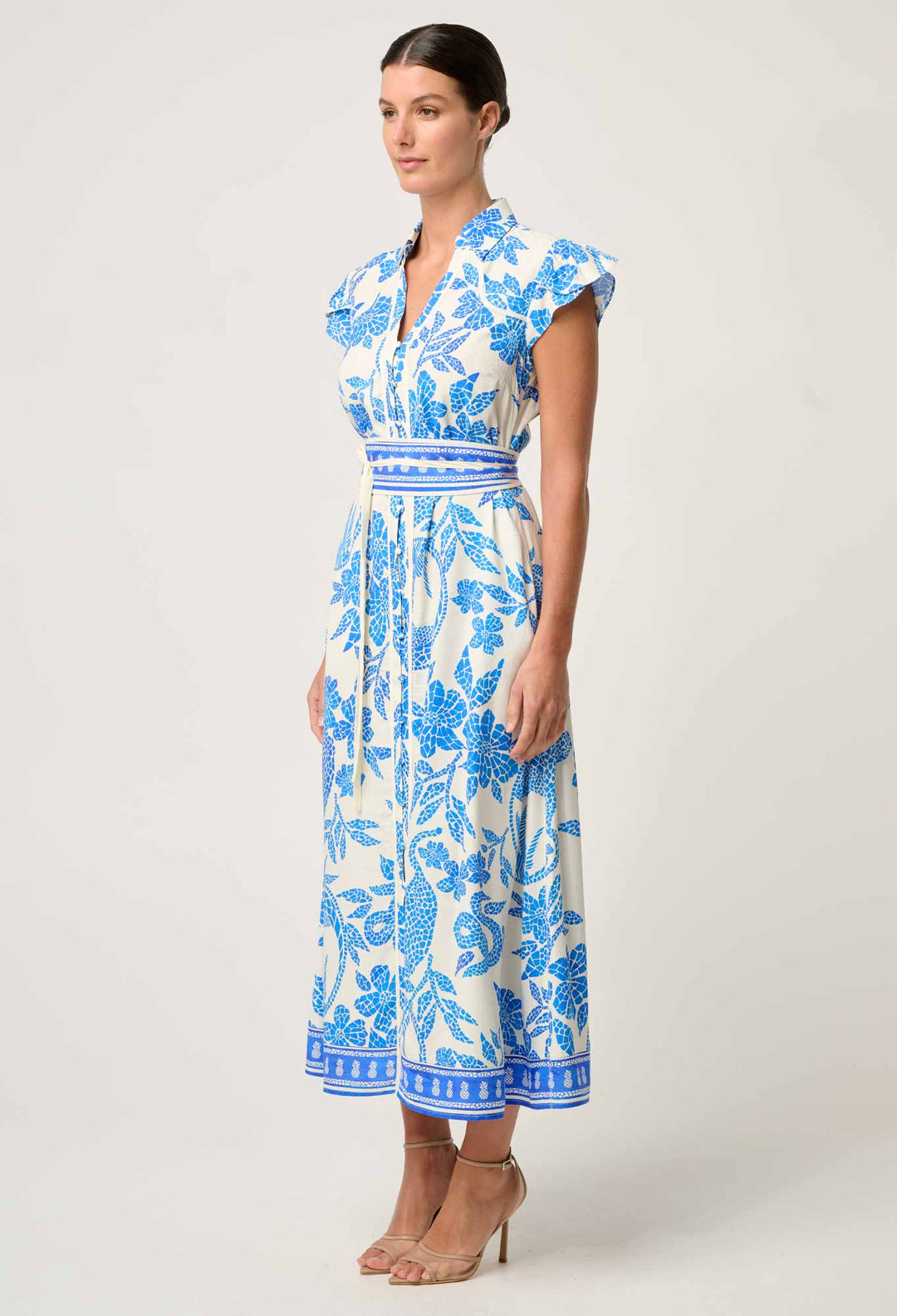 Callista Viscose Dobby Petal Sleeve Dress in Azure Mosaic dress Once Was