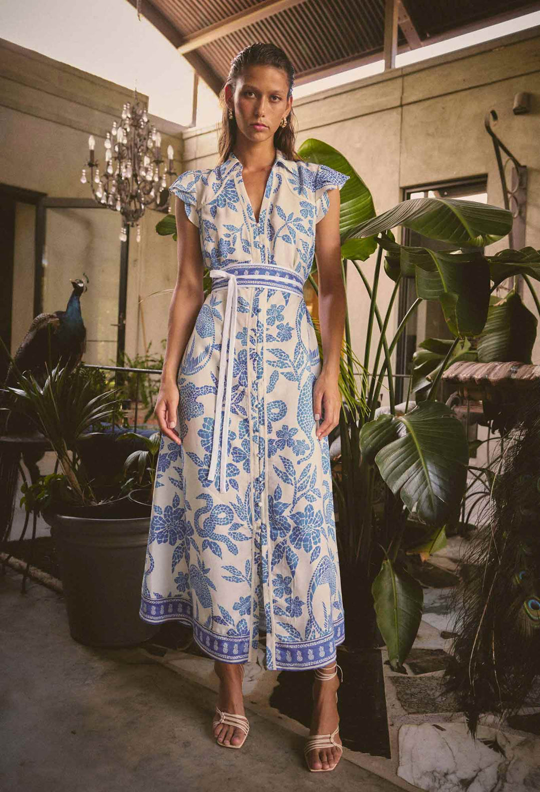 Callista Viscose Dobby Petal Sleeve Dress in Azure Mosaic dress Once Was