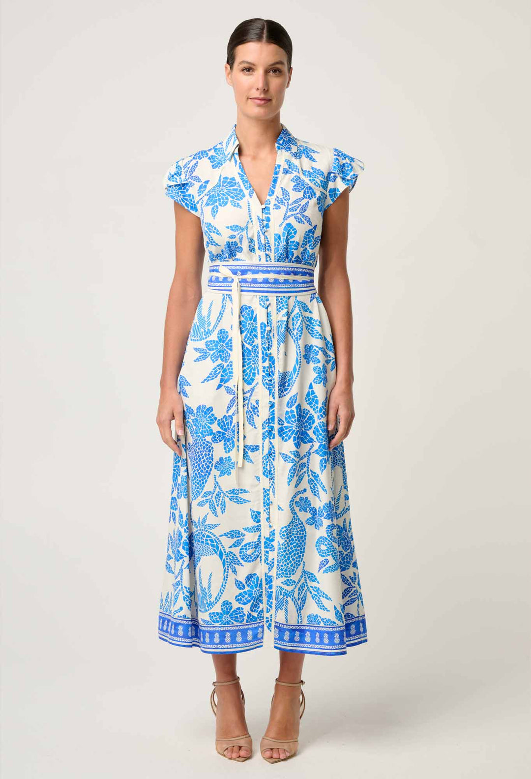 Callista Viscose Dobby Petal Sleeve Dress in Azure Mosaic dress Once Was