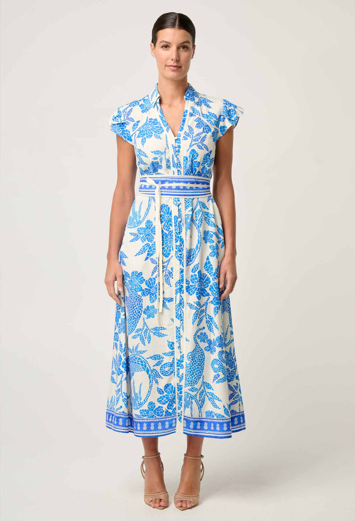 Callista Viscose Dobby Petal Sleeve Dress in Azure Mosaic dress Once Was