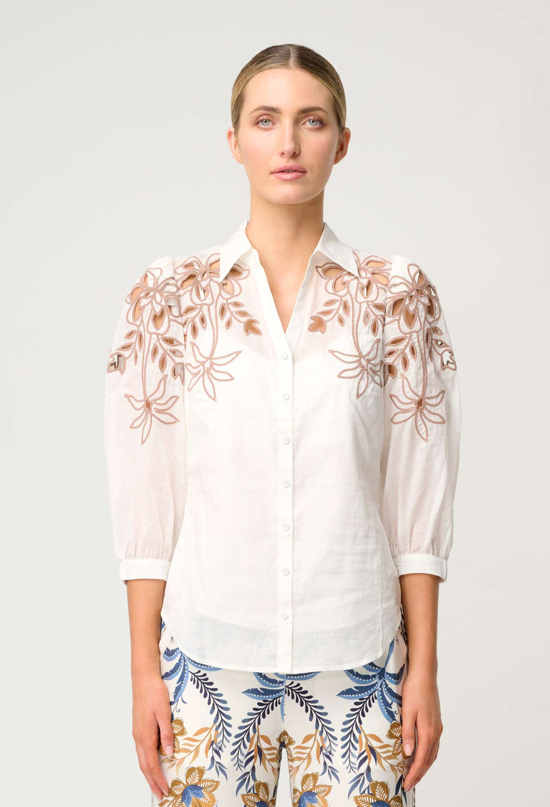 Callisto Cotton Embroidered Shirt in Ivory - Dune - Stanleyandstone