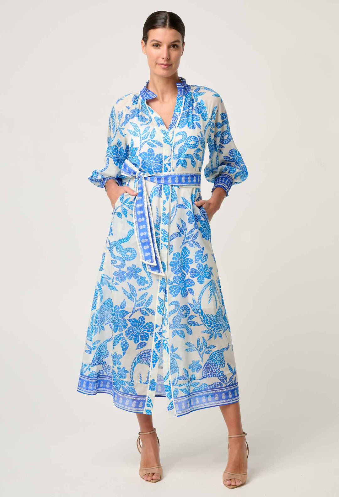 Carmen Silk Cotton Maxi Dress in Azure Mosaic dress Once Was