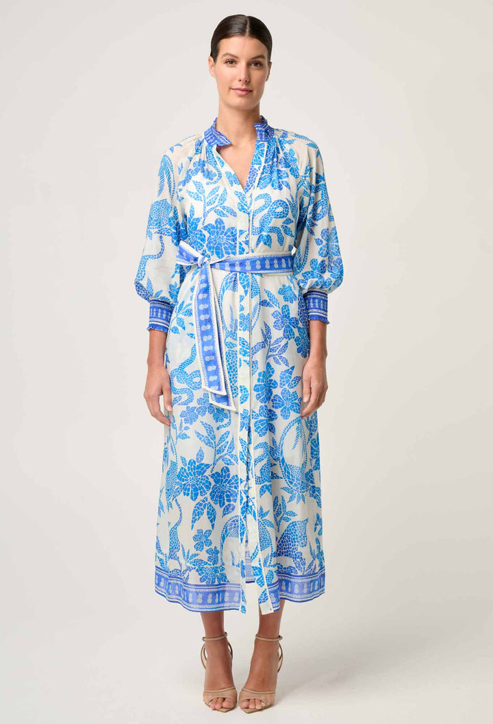 Carmen Silk Cotton Maxi Dress in Azure Mosaic dress Once Was