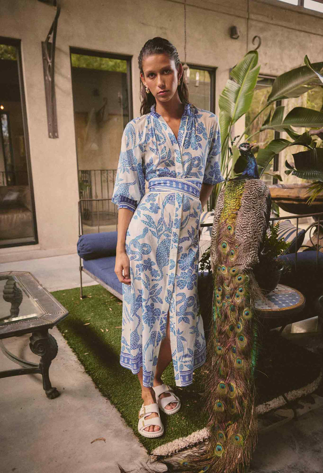 Carmen Silk Cotton Maxi Dress in Azure Mosaic dress Once Was
