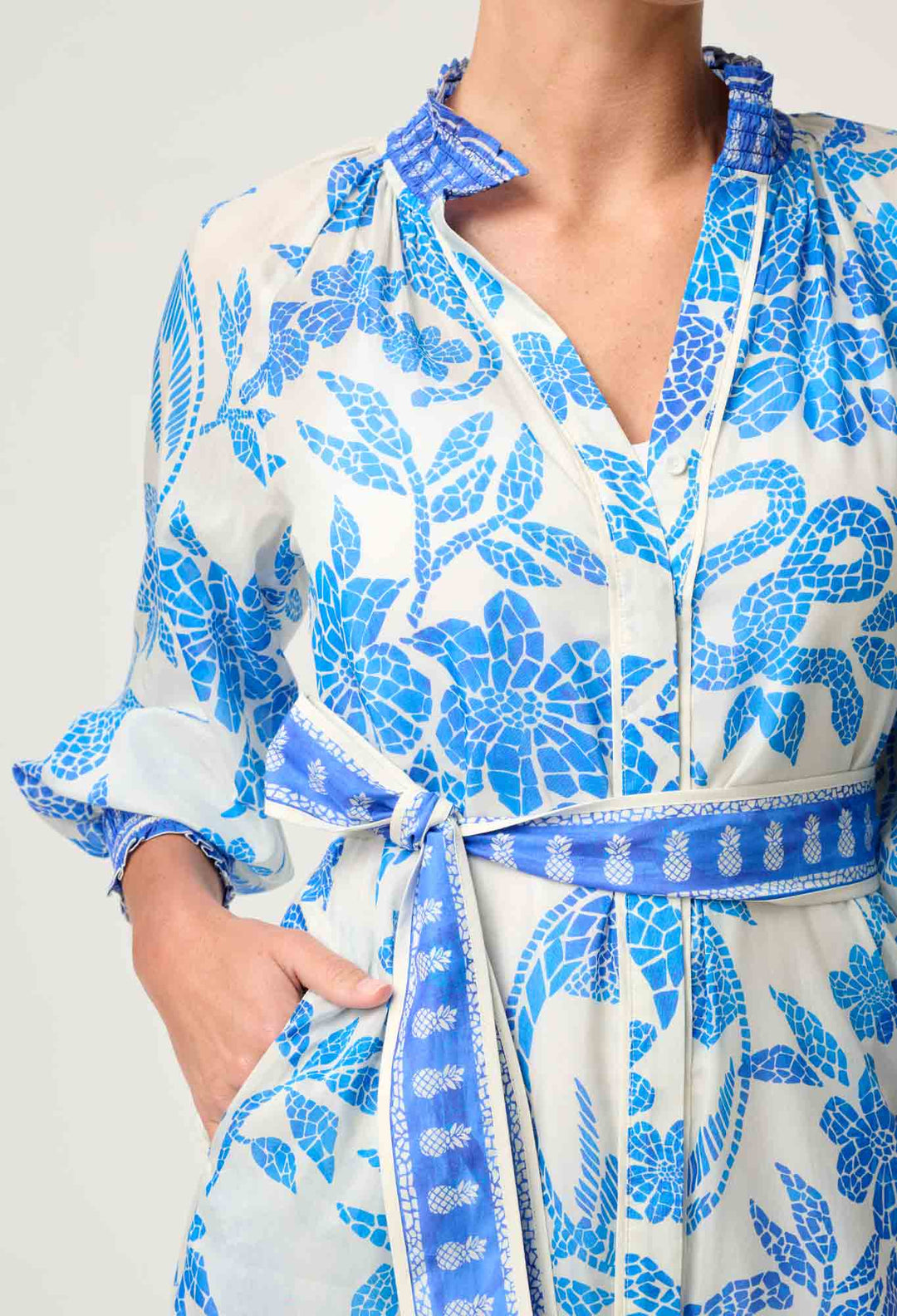 Carmen Silk Cotton Maxi Dress in Azure Mosaic dress Once Was
