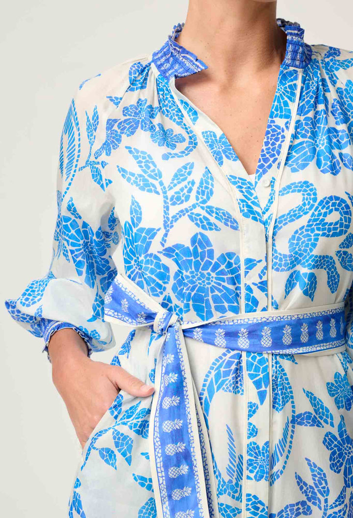 Carmen Silk Cotton Maxi Dress in Azure Mosaic dress Once Was