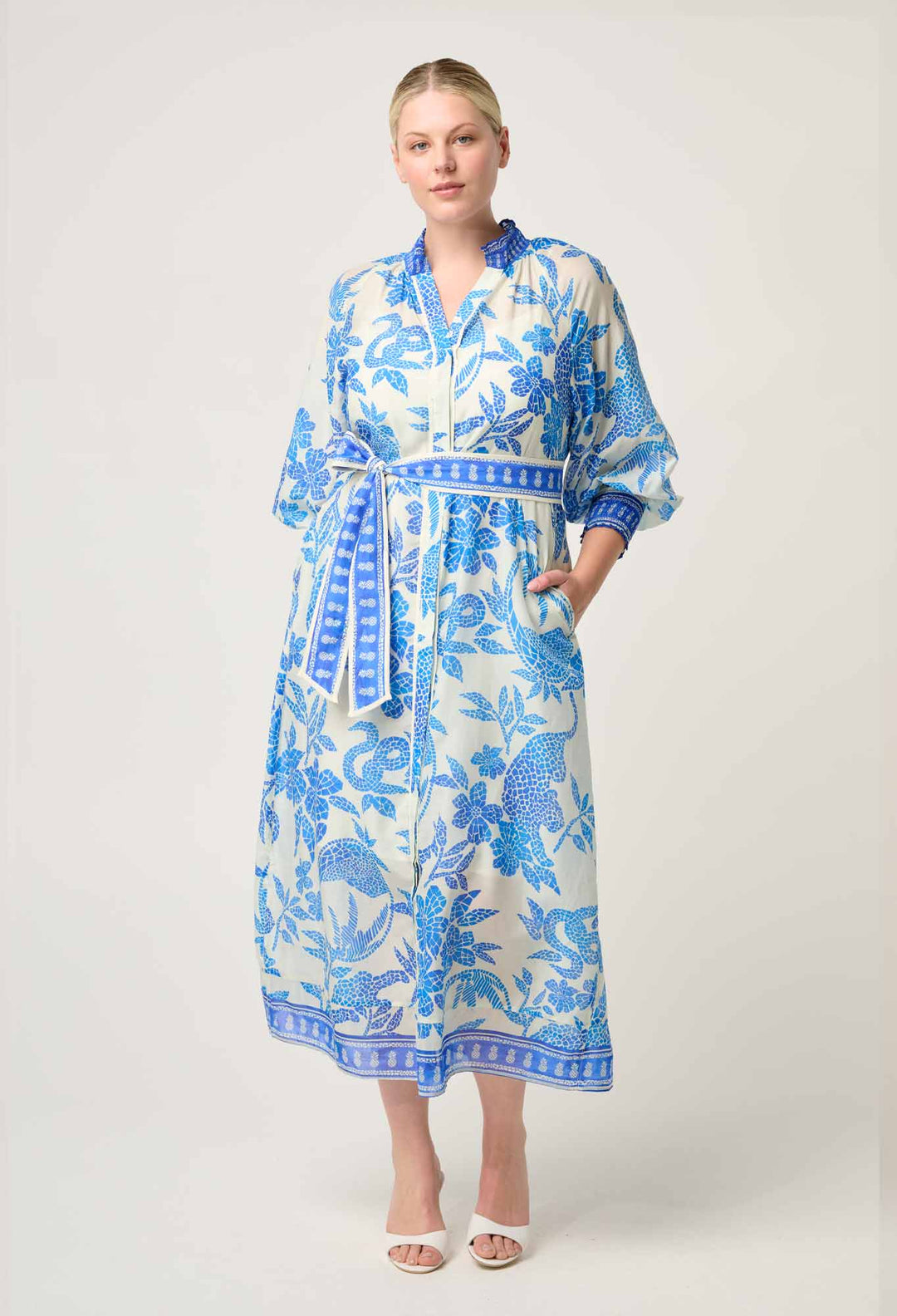 Carmen Silk Cotton Maxi Dress in Azure Mosaic dress Once Was