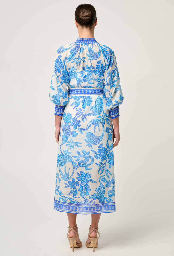 Carmen Silk Cotton Maxi Dress in Azure Mosaic dress Once Was