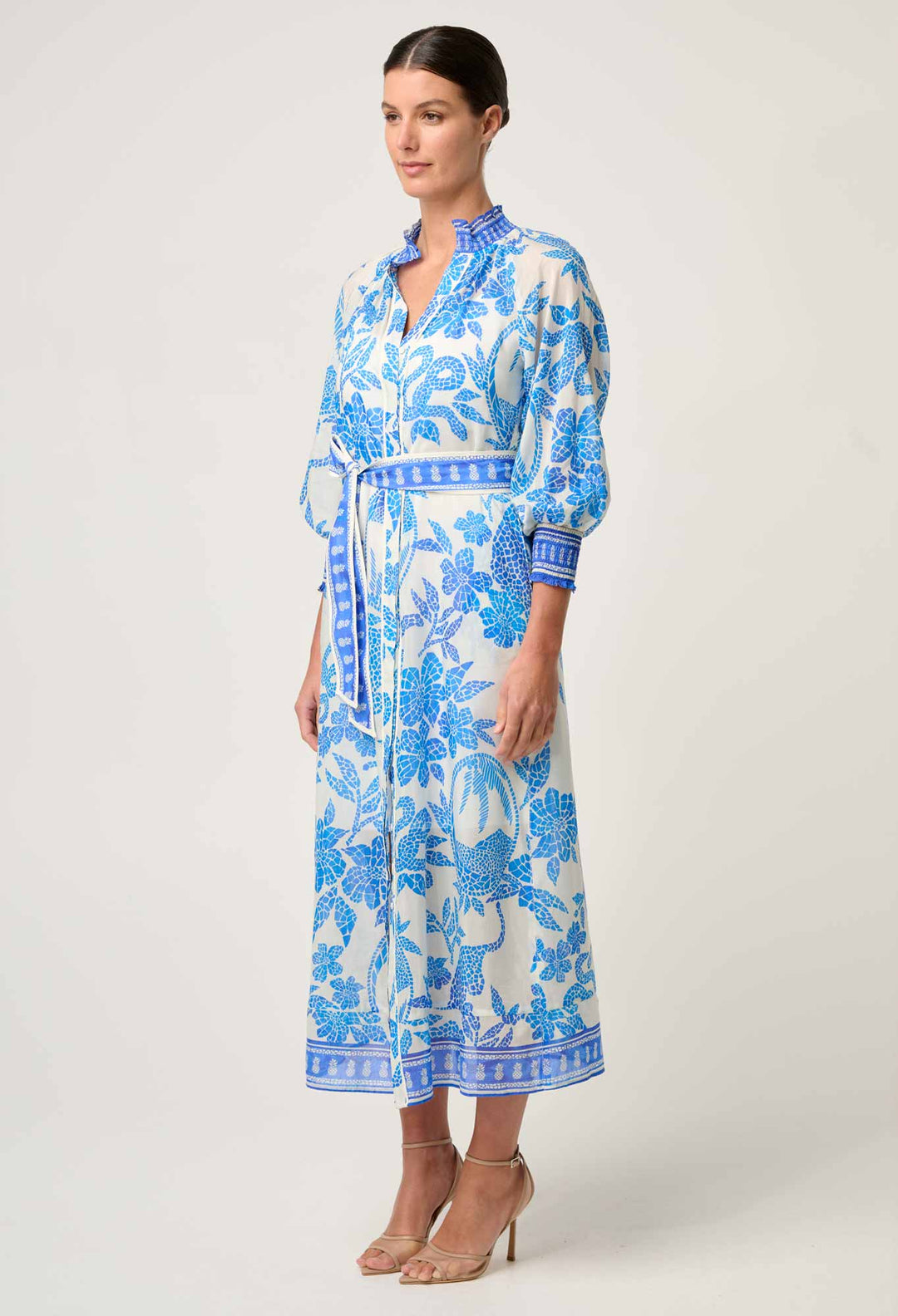Carmen Silk Cotton Maxi Dress in Azure Mosaic dress Once Was