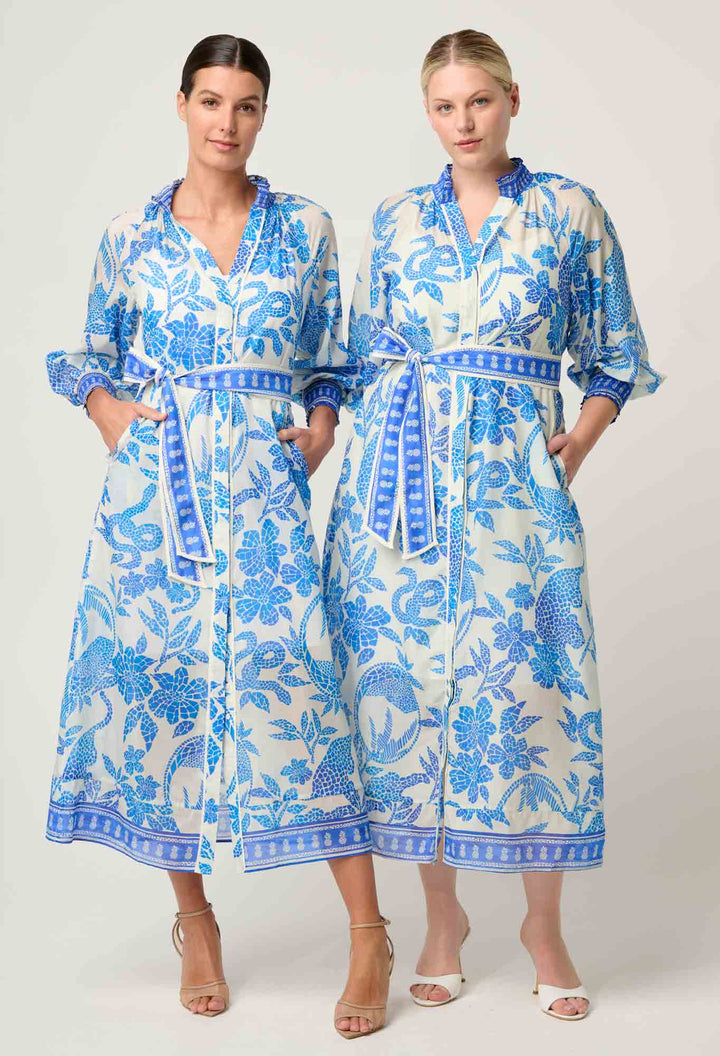 Carmen Silk Cotton Maxi Dress in Azure Mosaic dress Once Was