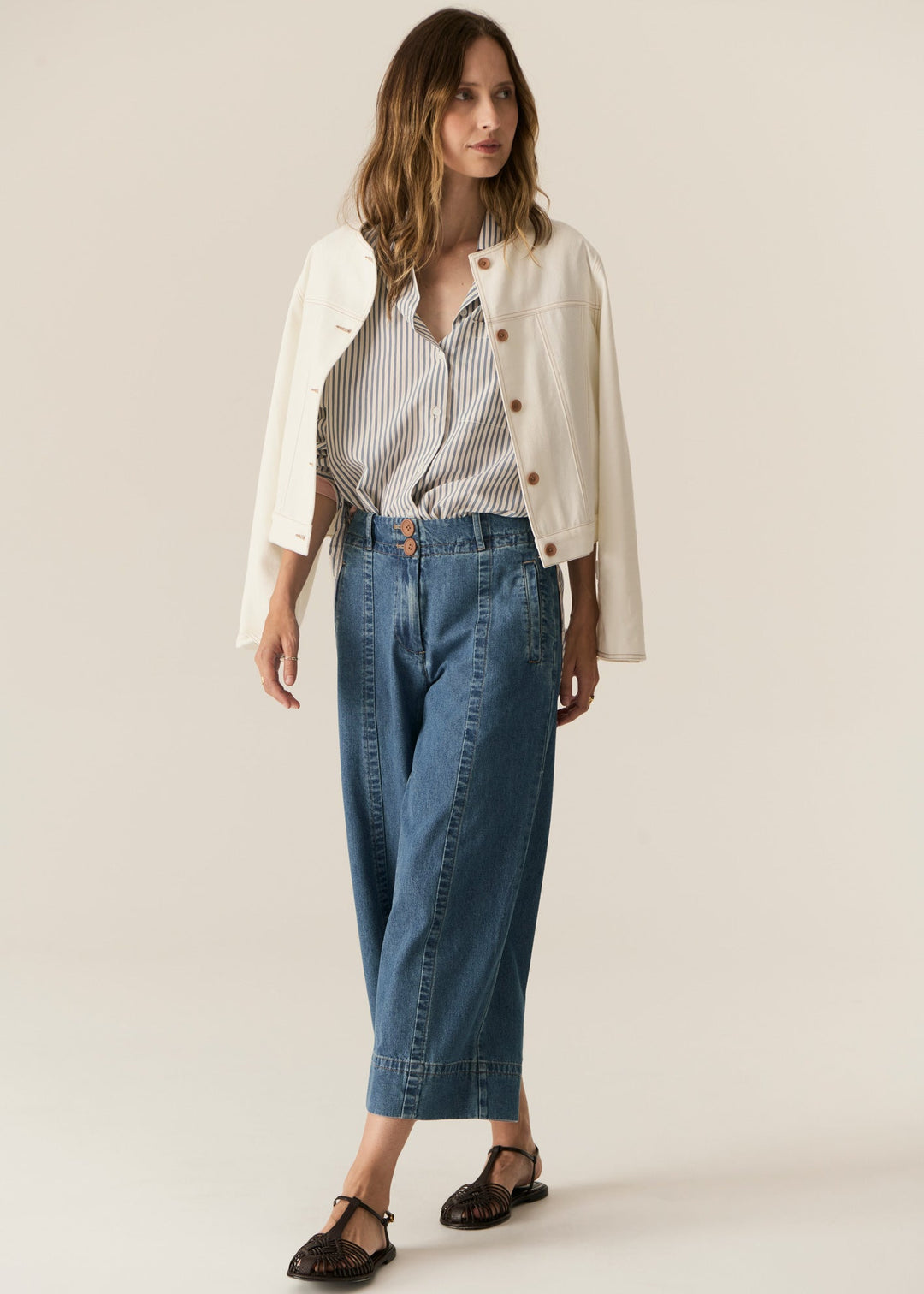 Carsen Classic Collarless Denim Jacket - Ecru Jacket POL
