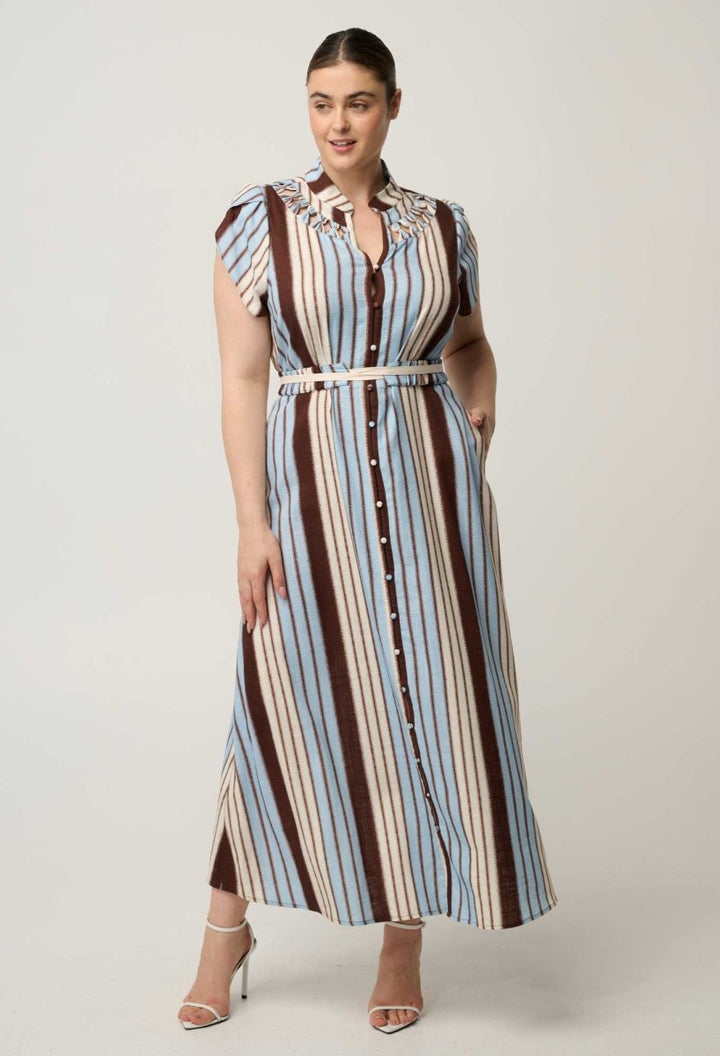 Cattleya Linen Viscose Smock Maxi Dress in Iridescent Stripe dress Once Was