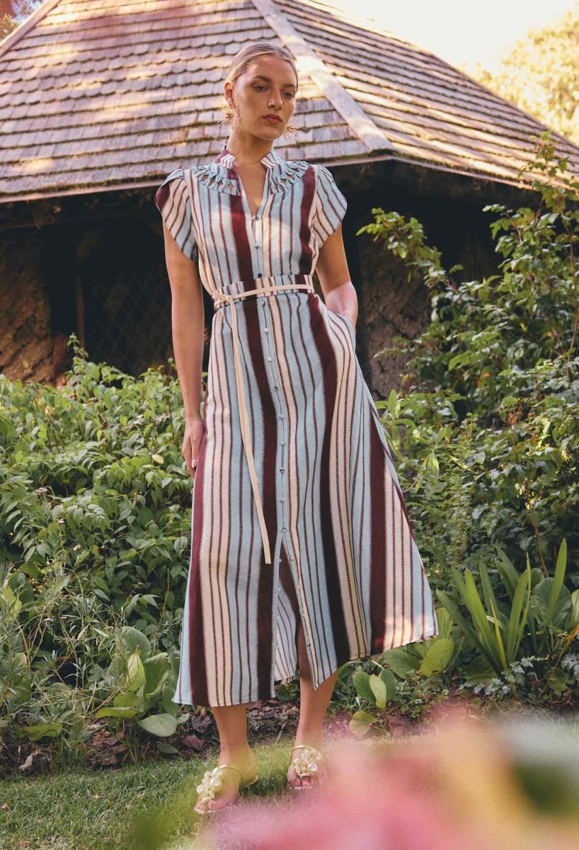 Cattleya Linen Viscose Smock Maxi Dress in Iridescent Stripe dress Once Was