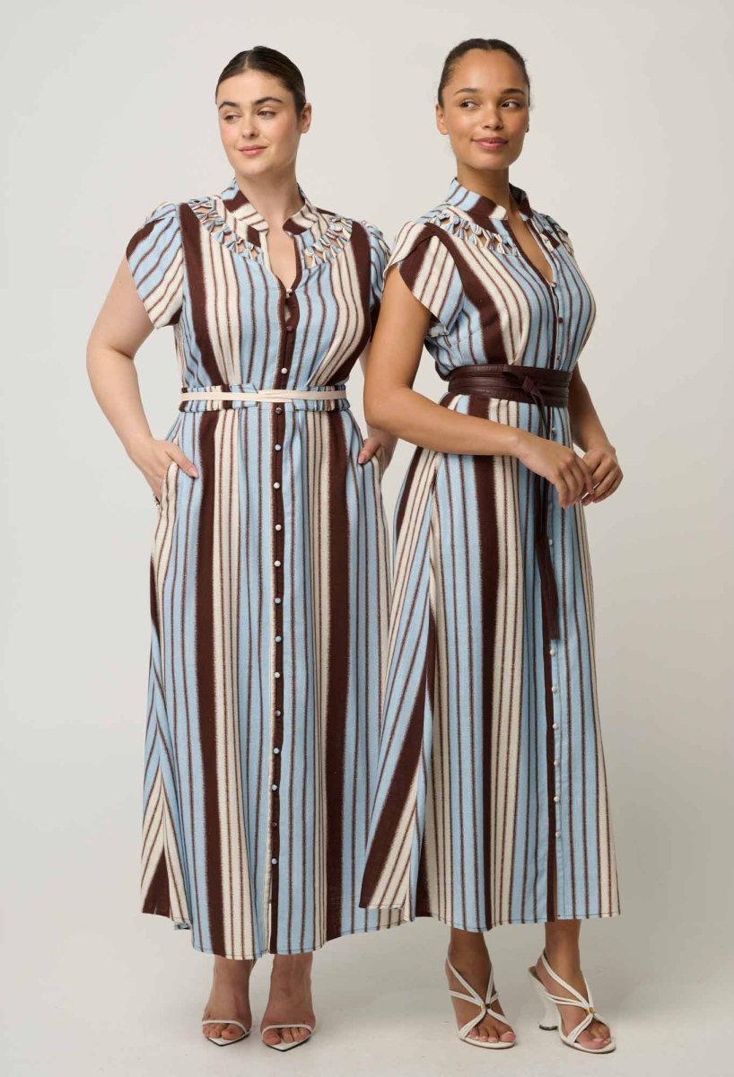 Cattleya Linen Viscose Smock Maxi Dress in Iridescent Stripe dress Once Was