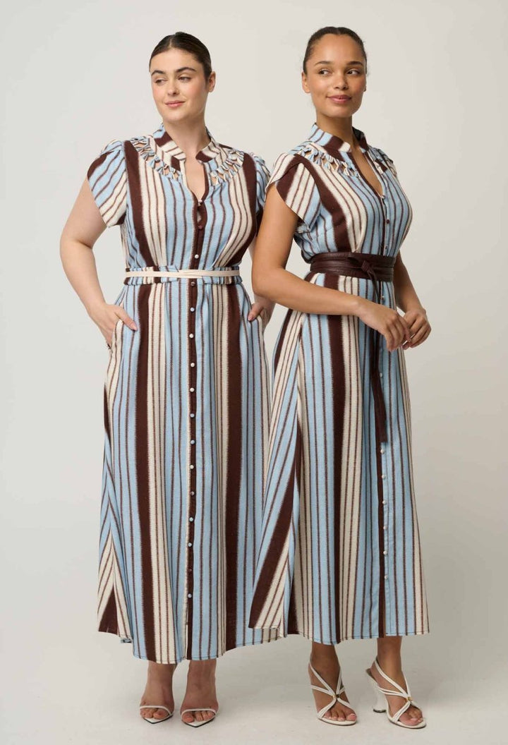 Cattleya Linen Viscose Smock Maxi Dress in Iridescent Stripe dress Once Was