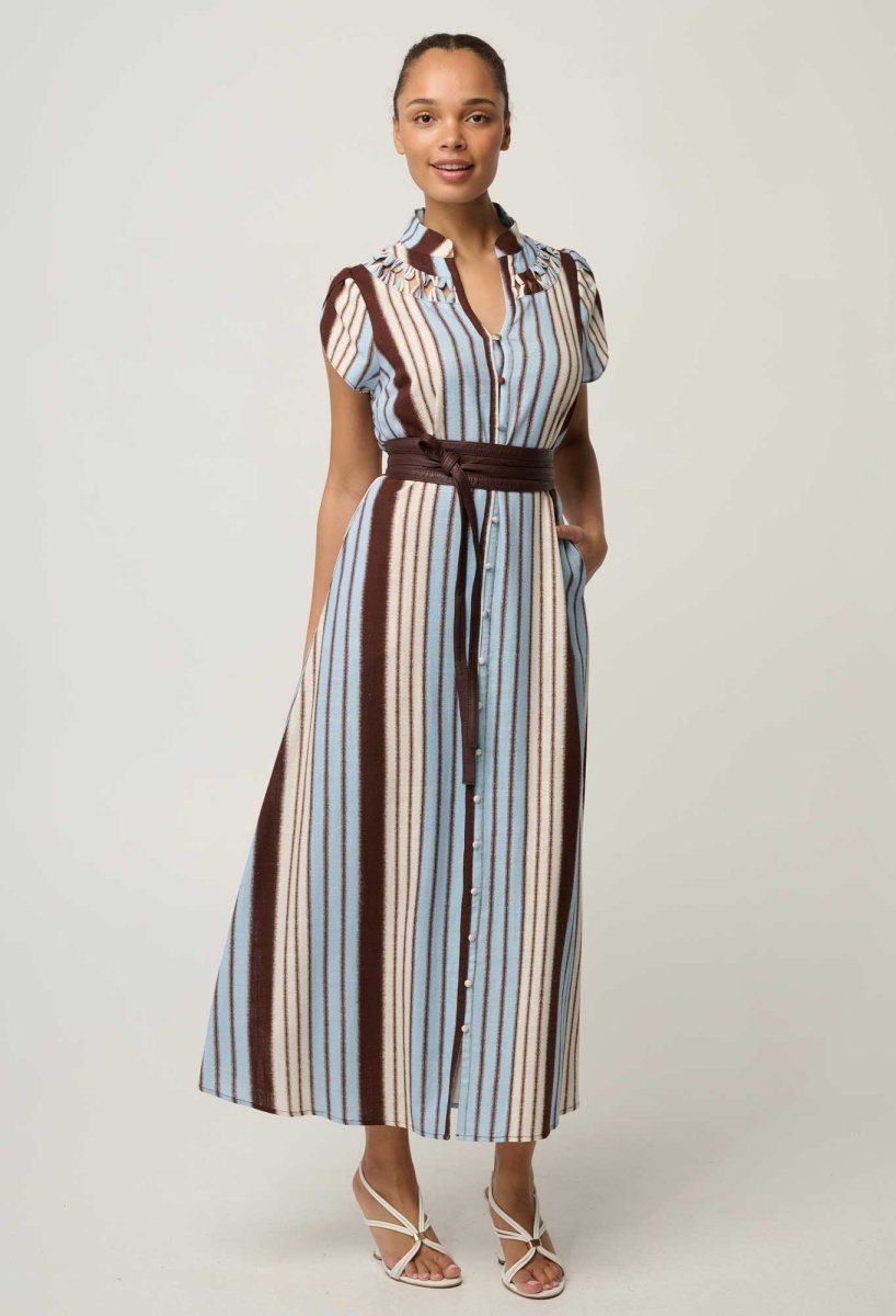 Cattleya Linen Viscose Smock Maxi Dress in Iridescent Stripe dress Once Was