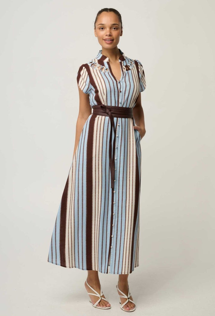 Cattleya Linen Viscose Smock Maxi Dress in Iridescent Stripe dress Once Was