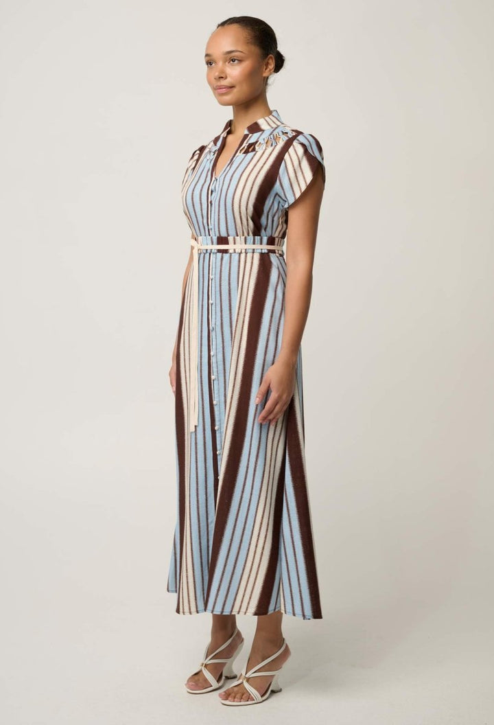 Cattleya Linen Viscose Smock Maxi Dress in Iridescent Stripe dress Once Was