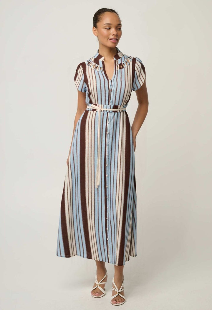 Cattleya Linen Viscose Smock Maxi Dress in Iridescent Stripe dress Once Was