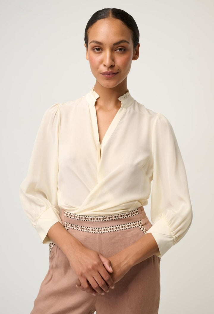 Chloe 100% Silk Criss Cross Cuffed Shirt in Cloud Blouse Once Was