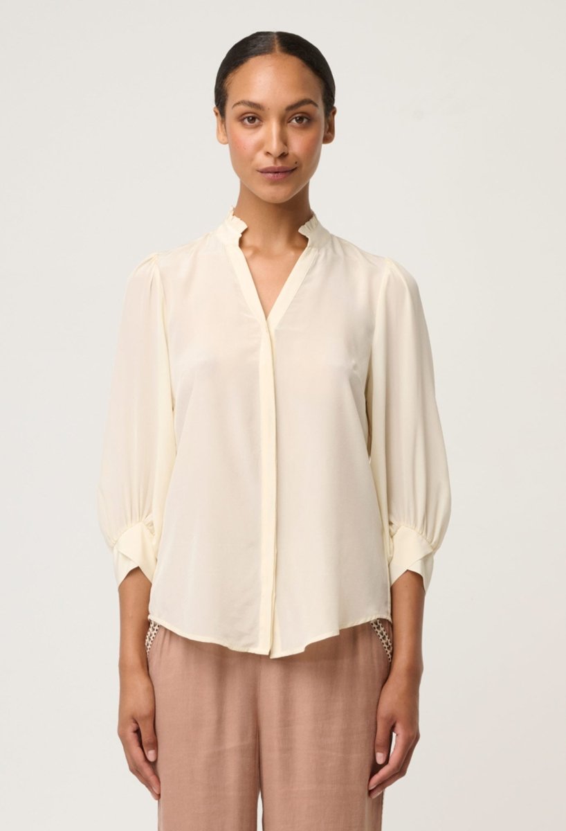 Chloe 100% Silk Criss Cross Cuffed Shirt in Cloud Blouse Once Was