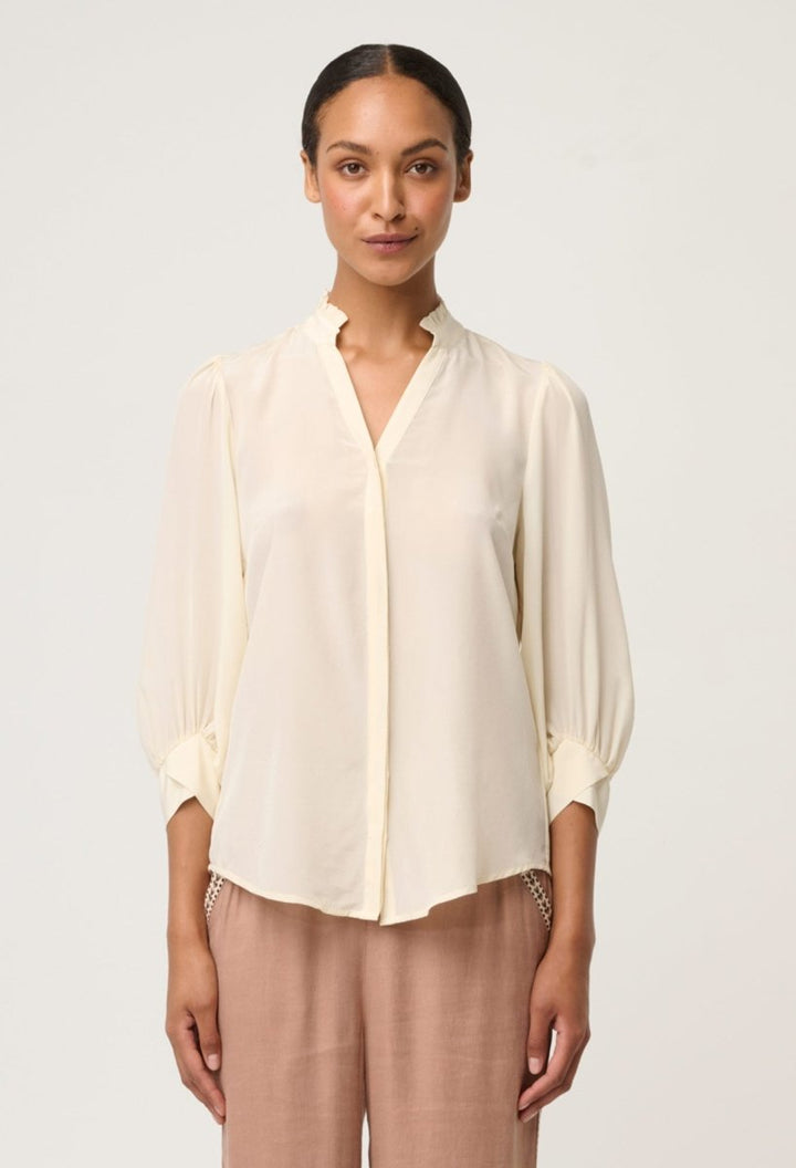 Chloe 100% Silk Criss Cross Cuffed Shirt in Cloud Blouse Once Was