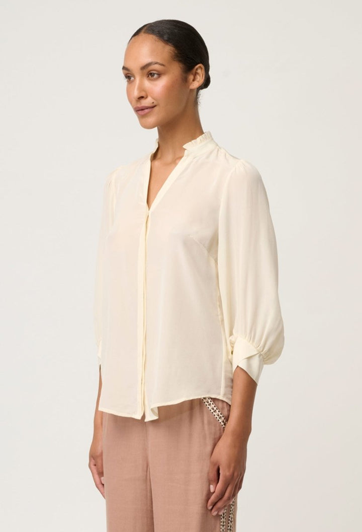 Chloe 100% Silk Criss Cross Cuffed Shirt in Cloud Blouse Once Was