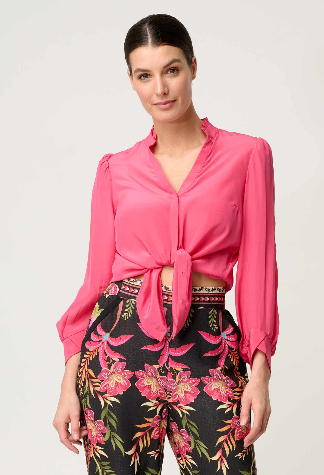 Chloe Silk Criss Cross Cuffed Shirt in Celosia Pink - Stanleyandstone
