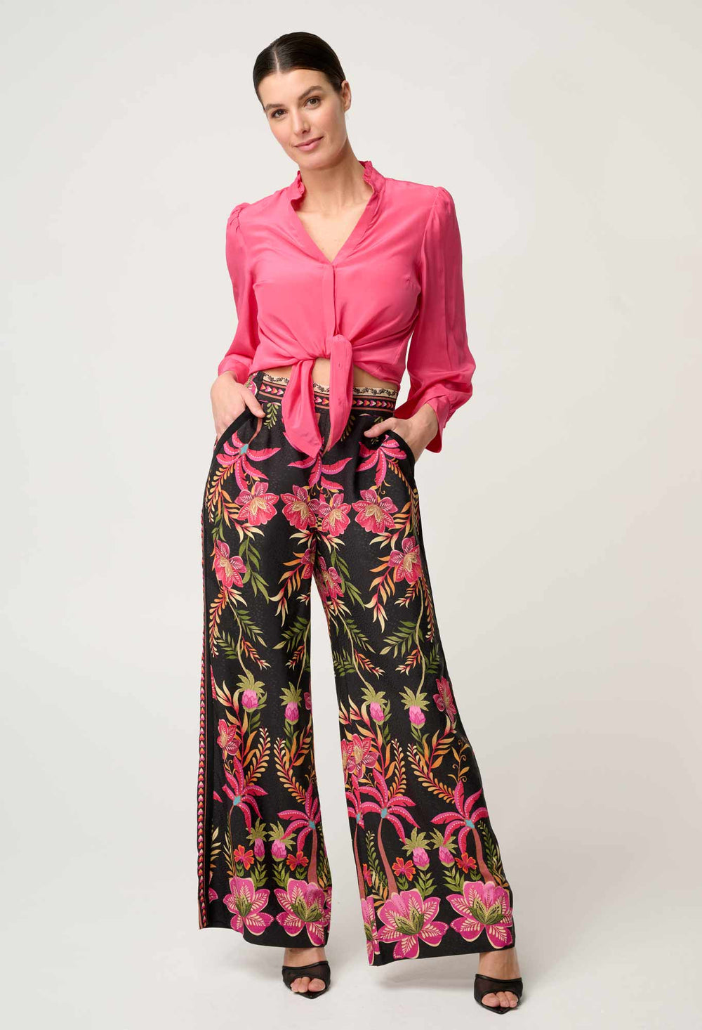 Chloe Silk Criss Cross Cuffed Shirt in Celosia Pink - Stanleyandstone