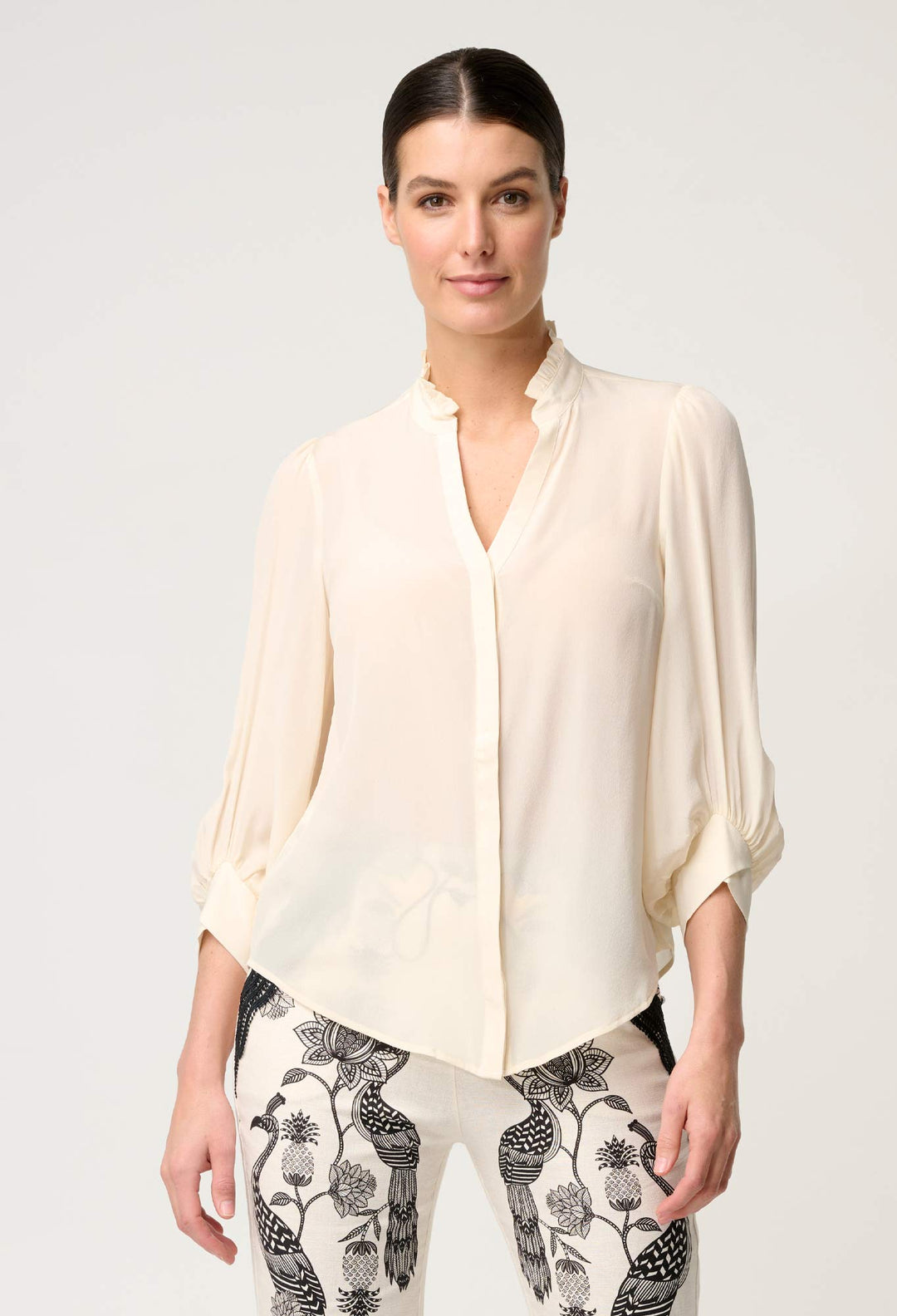 Chloe Silk Criss Cross Cuffed Shirt in Cloud - Stanleyandstone