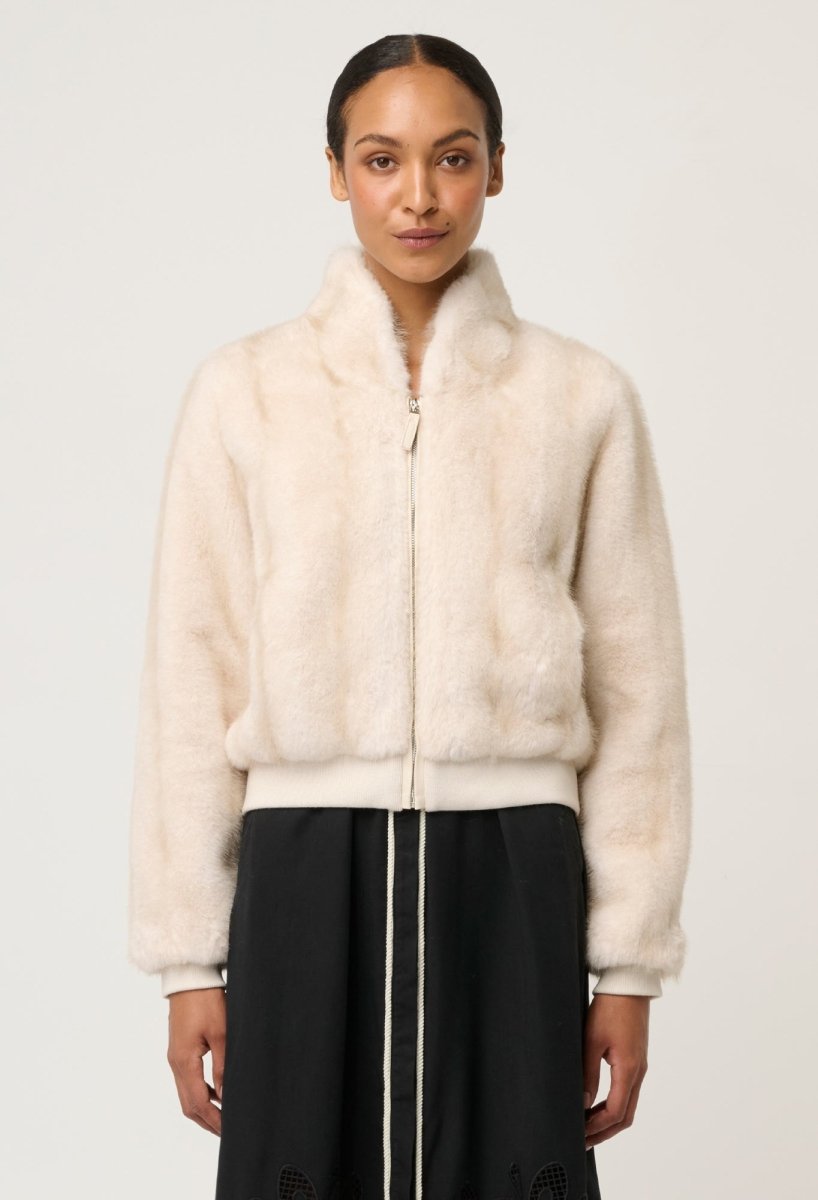 Chrysta Faux Fur Rib Detail Bomber in Porcelain OnceWas