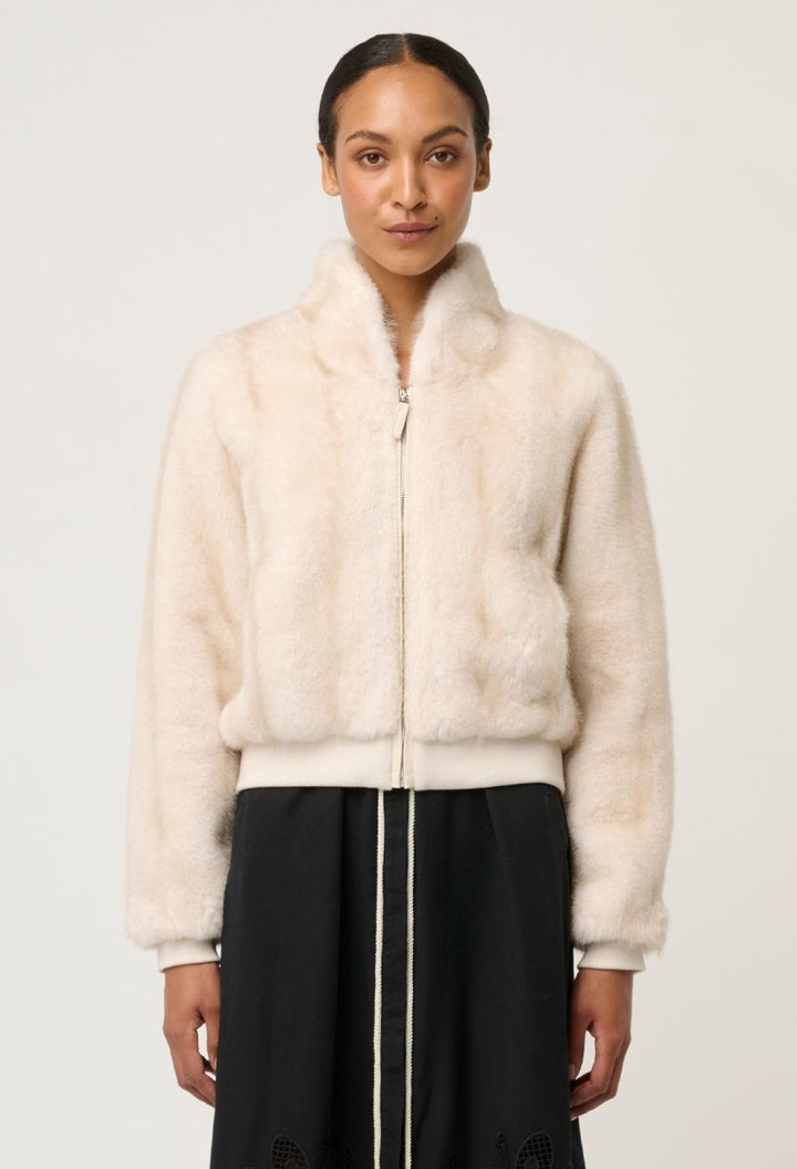 Chrysta Faux Fur Rib Detail Bomber in Porcelain OnceWas
