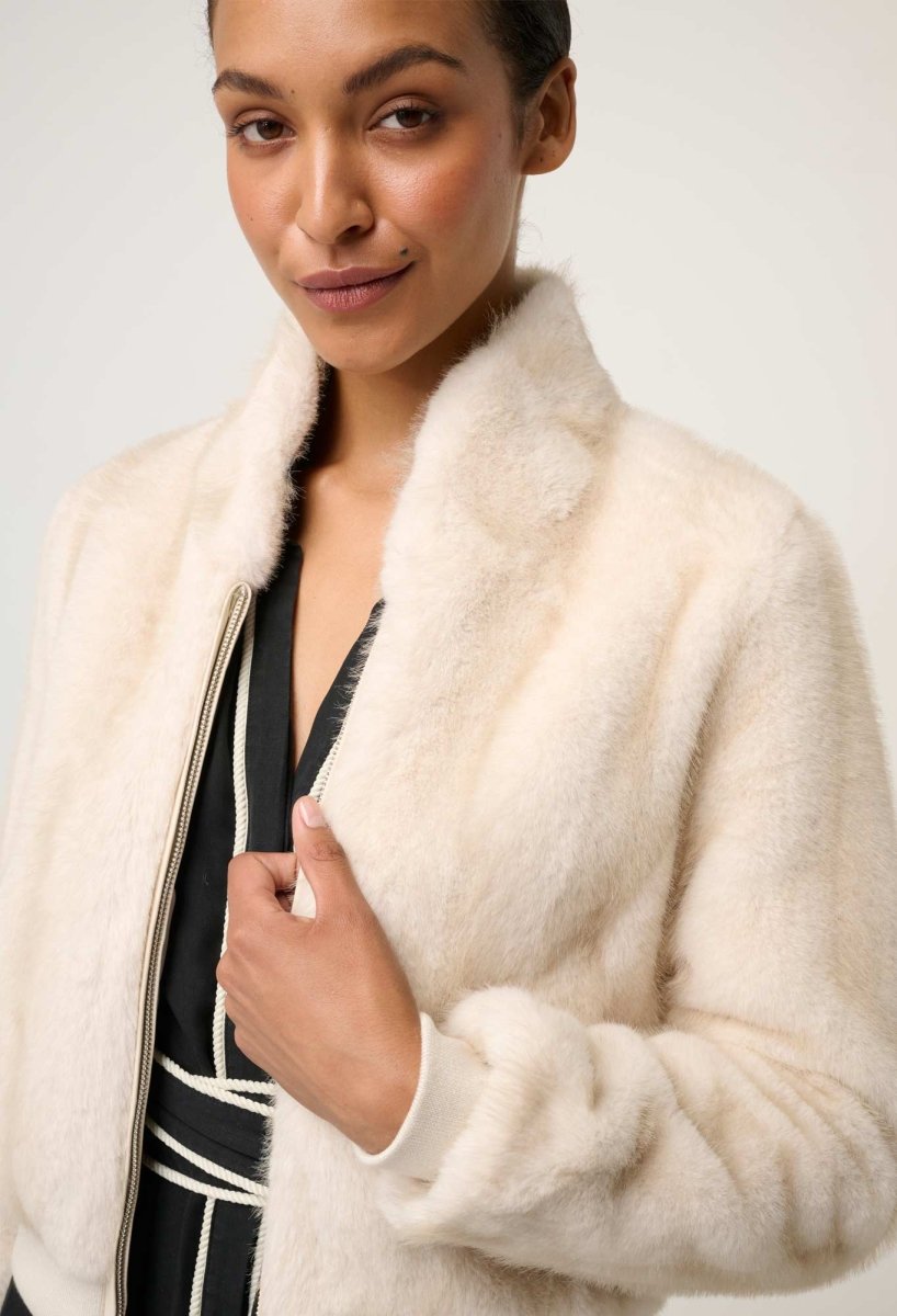 Chrysta Faux Fur Rib Detail Bomber in Porcelain OnceWas