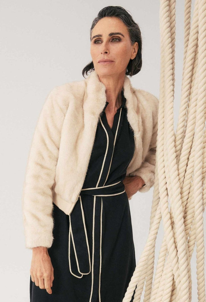 Chrysta Faux Fur Rib Detail Bomber in Porcelain OnceWas