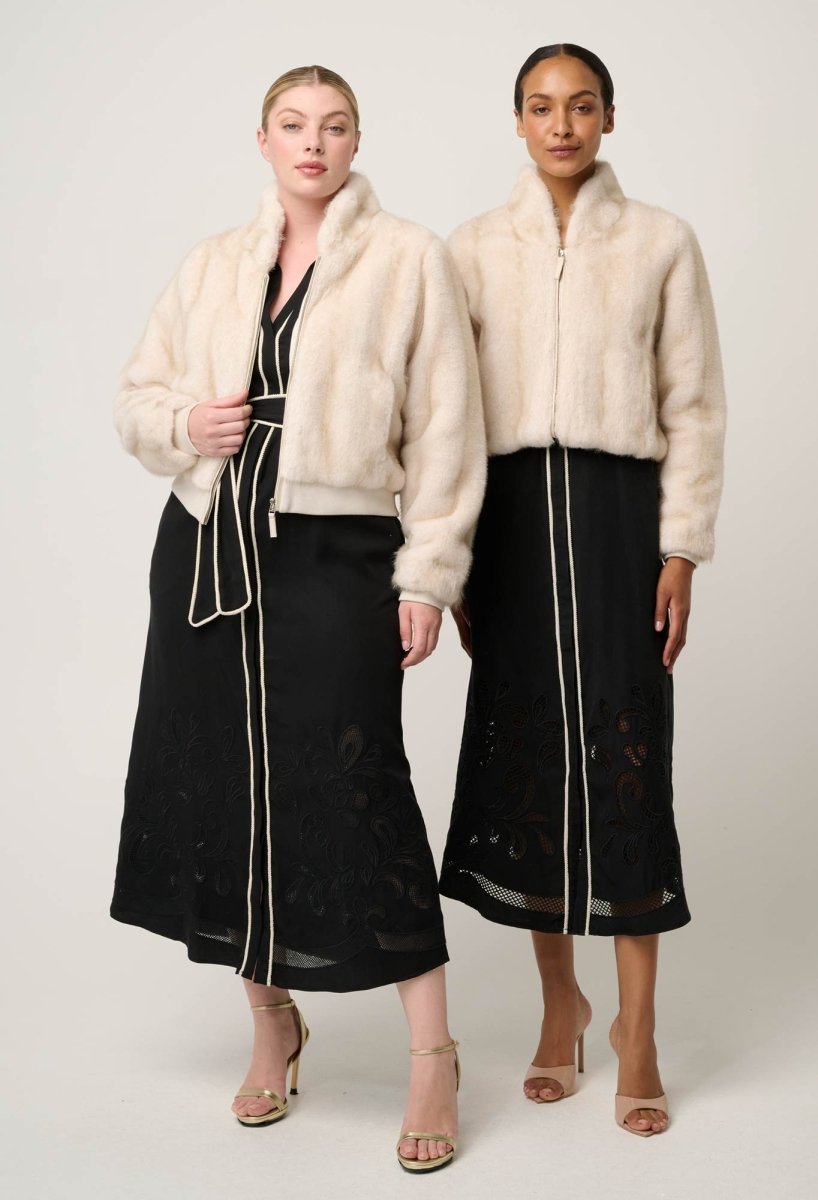 Chrysta Faux Fur Rib Detail Bomber in Porcelain OnceWas