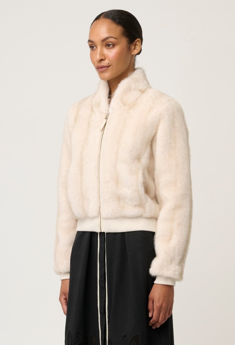 Chrysta Faux Fur Rib Detail Bomber in Porcelain OnceWas