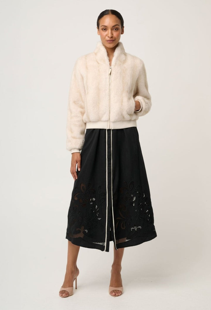 Chrysta Faux Fur Rib Detail Bomber in Porcelain OnceWas