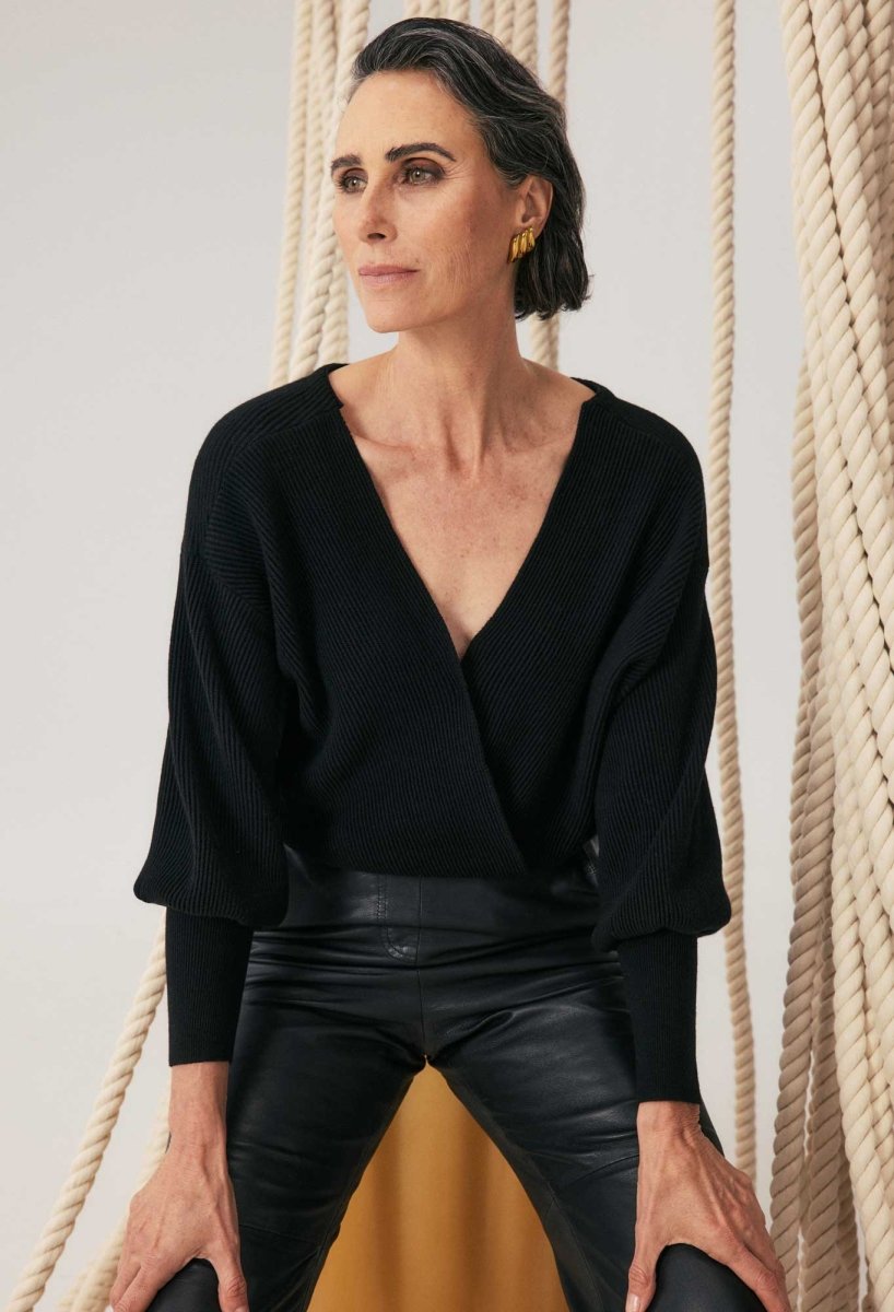 Clarissa Merino Wool Blend Reversible Knit Top in Black jumper OnceWas