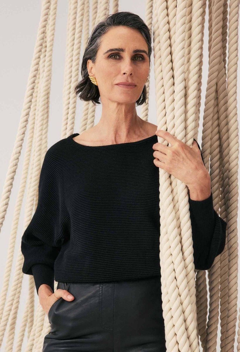 Clarissa Merino Wool Blend Reversible Knit Top in Black jumper OnceWas