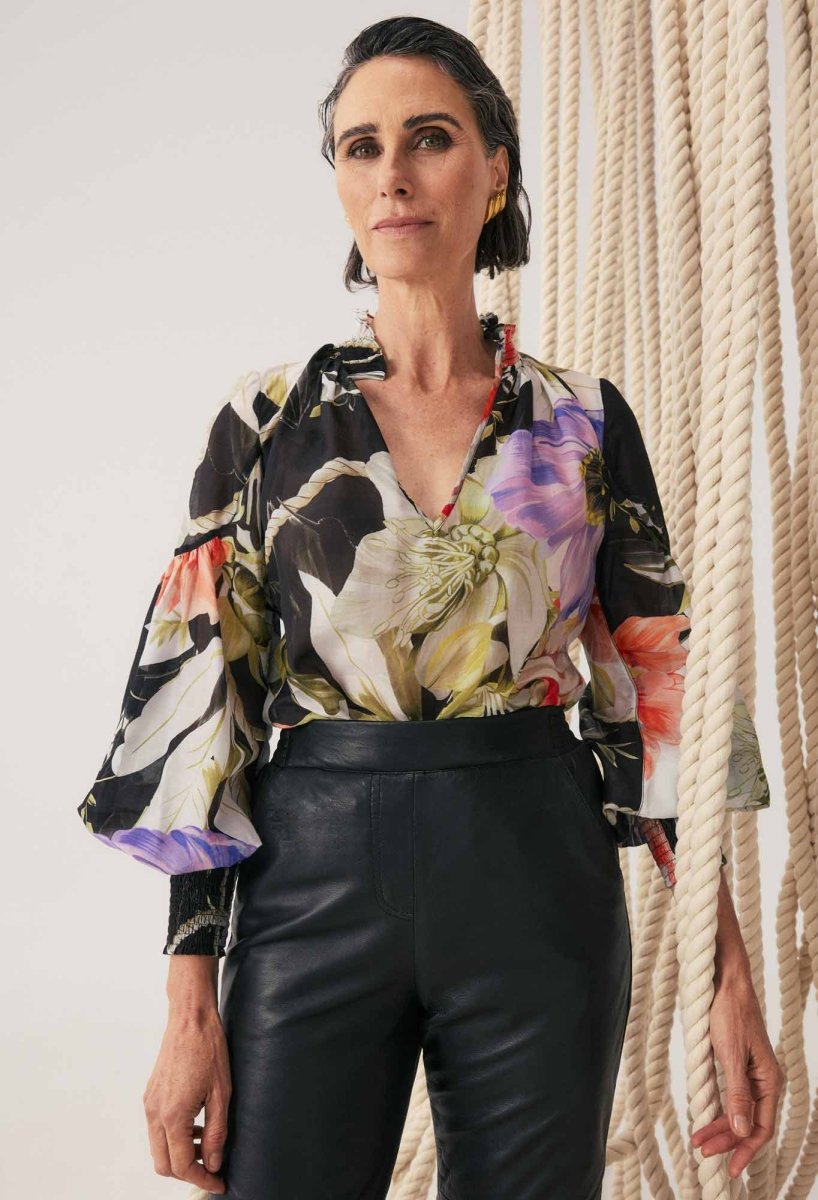 Colette Cotton Silk Shirred Collar Blouse in Tangled Blossom Blouse OnceWas