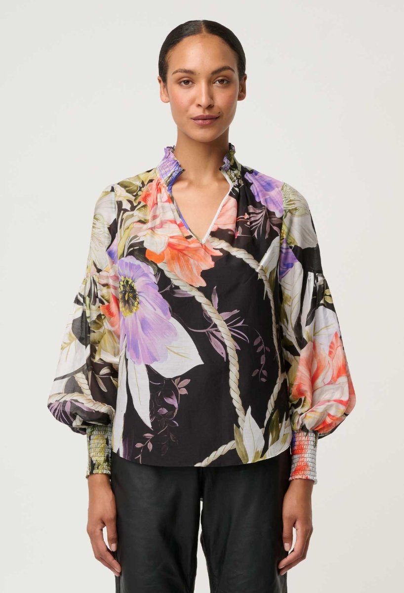 Colette Cotton Silk Shirred Collar Blouse in Tangled Blossom Blouse Once Was
