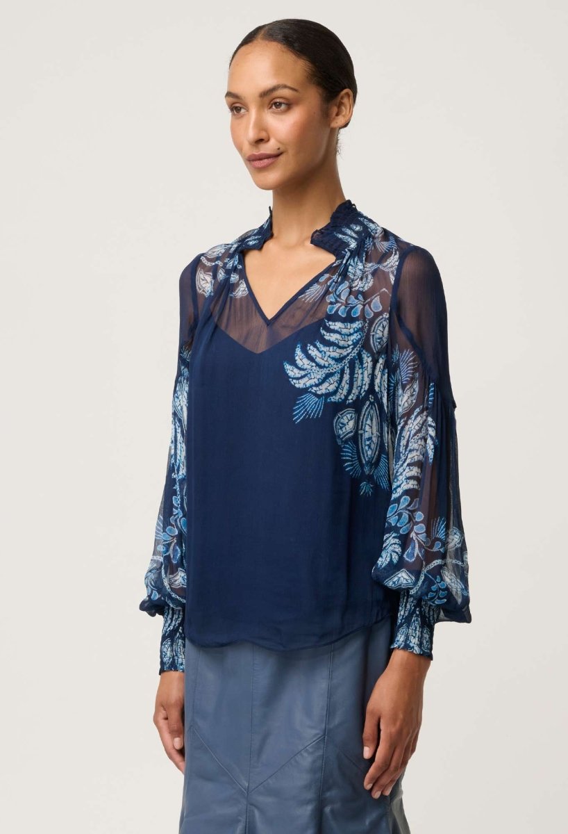 Colette Viscose Chiffon Print Shirred Collar Blouse - Moonlit Batik Once Was