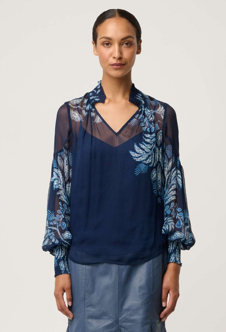 Colette Viscose Chiffon Print Shirred Collar Blouse - Moonlit Batik Once Was